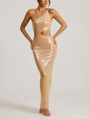 Oh Polly Isabel Sheer Sequin One Shoulder Cut Out Maxi Dress - Tan - Size US 6